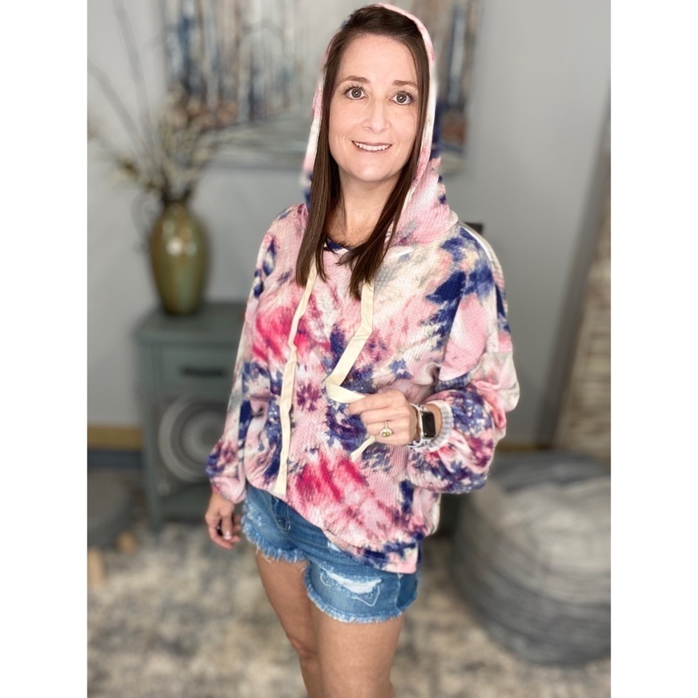 Waffle Tie Dye Drawstring Long Sleeve Hoodie Crew Neck Pink 0722